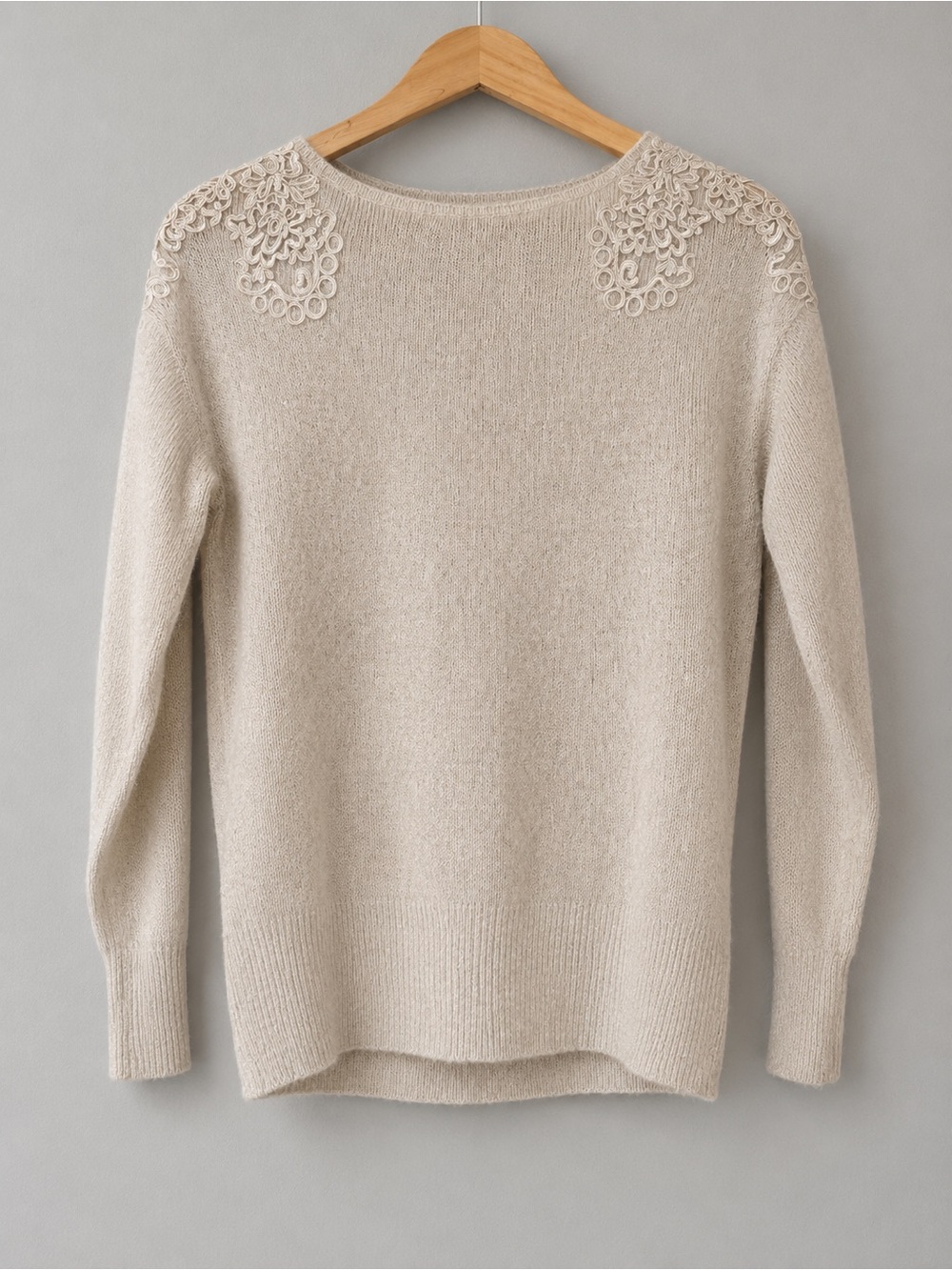 ELLE Sweater Medium Ivory Lace Shoulder Sparkle Knit Pullover Long Sleeve NWT